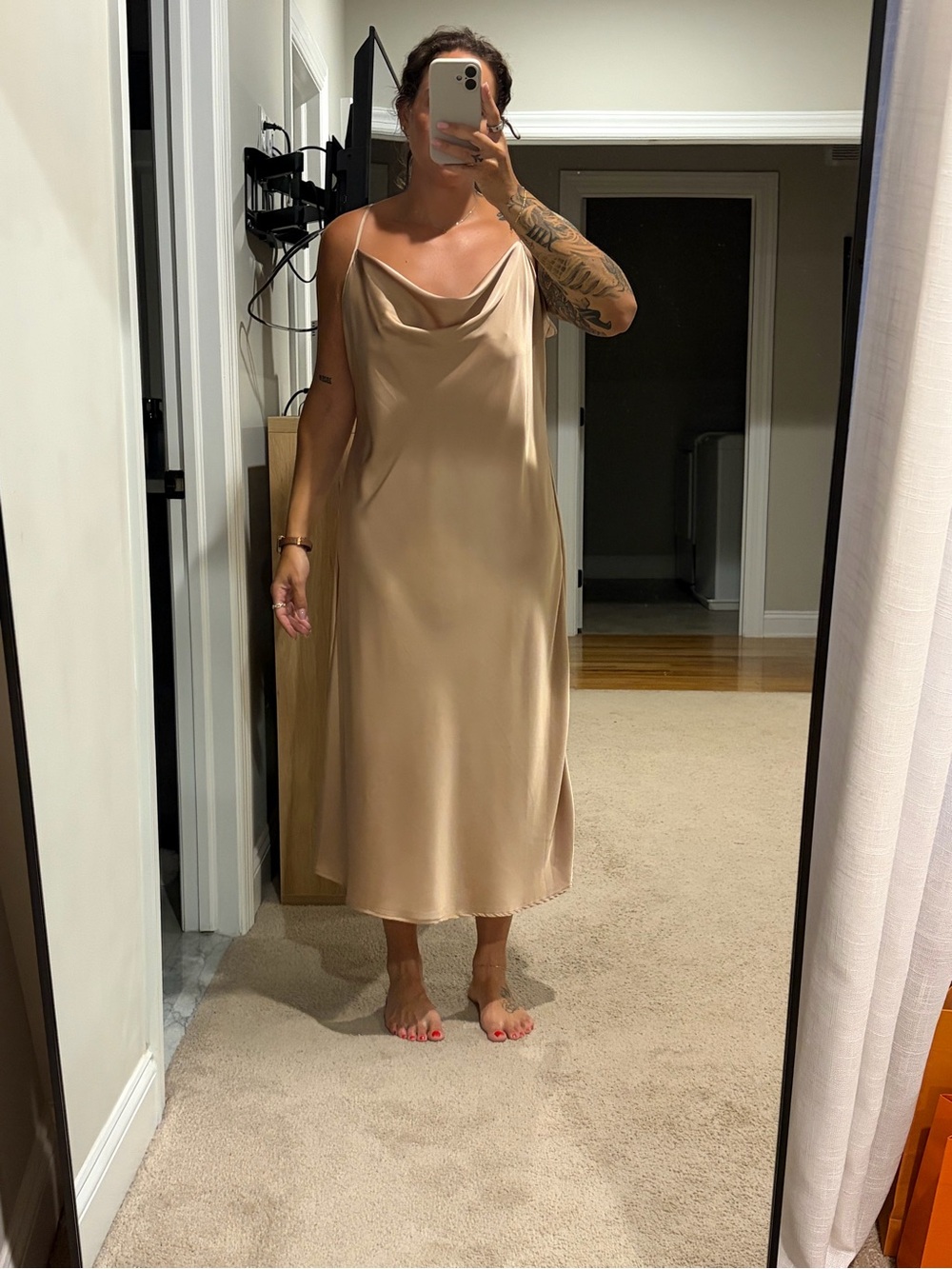 Satin Cowl Slip Dress in Champagne